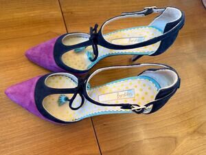 Boden Alice Suede T-Strap Tassel Heels Purple Navy Teal Sz 6 1/2
